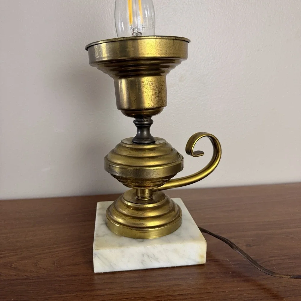 Vintage Brass Marble Table Lamp Candle Style Hollywood Regency Accent